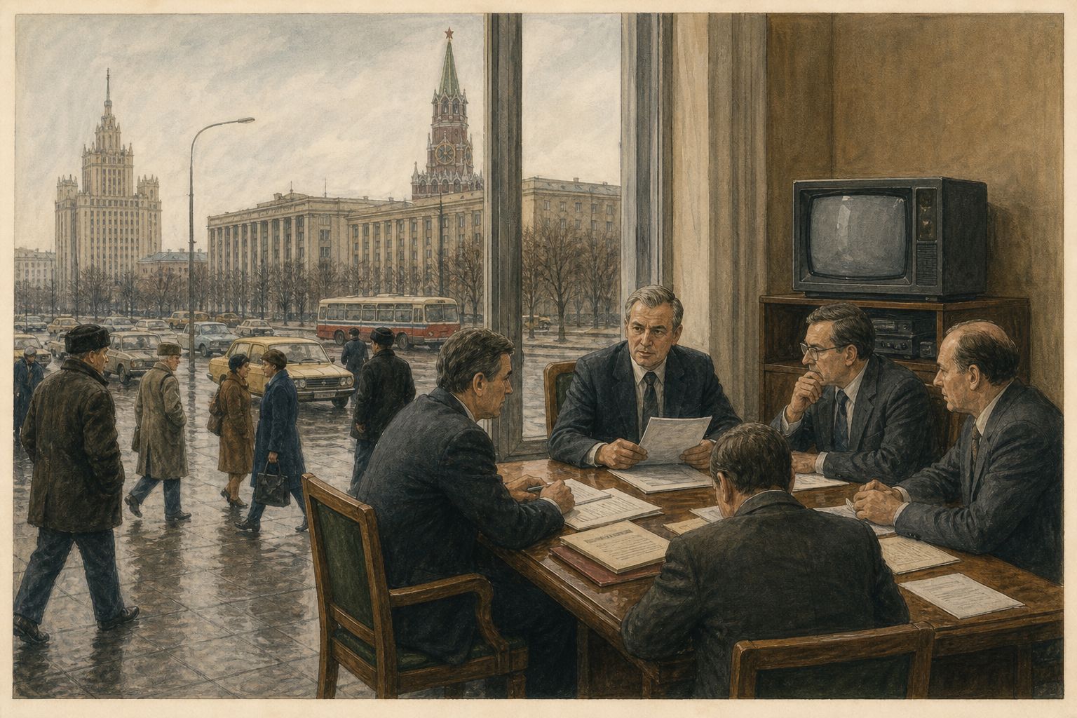 Officials reviewing reform papers in a late Soviet office