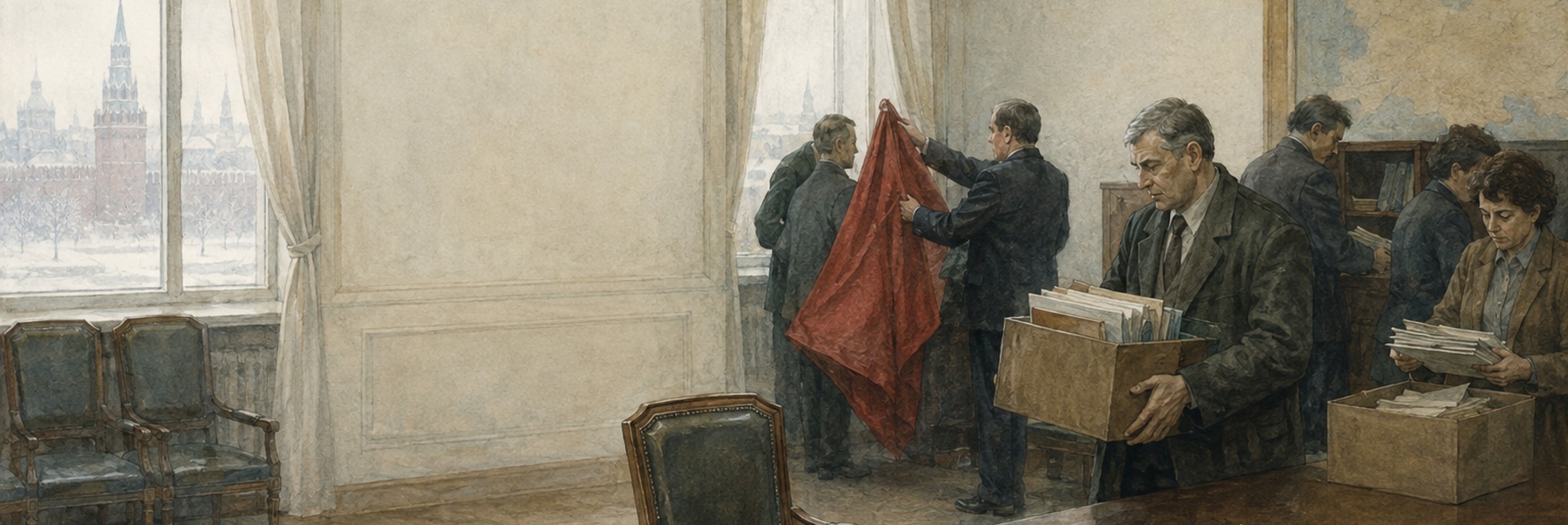 Late Soviet officials and citizens debating reform around documents and television screens