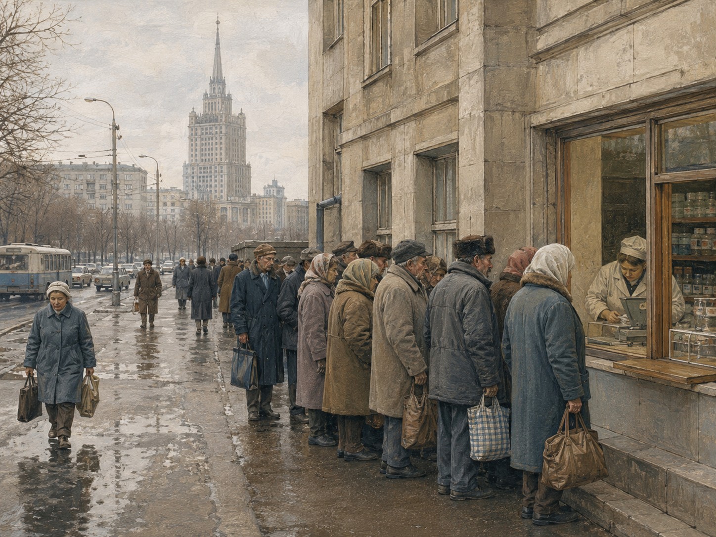 A late Soviet city marked by public buildings and queues