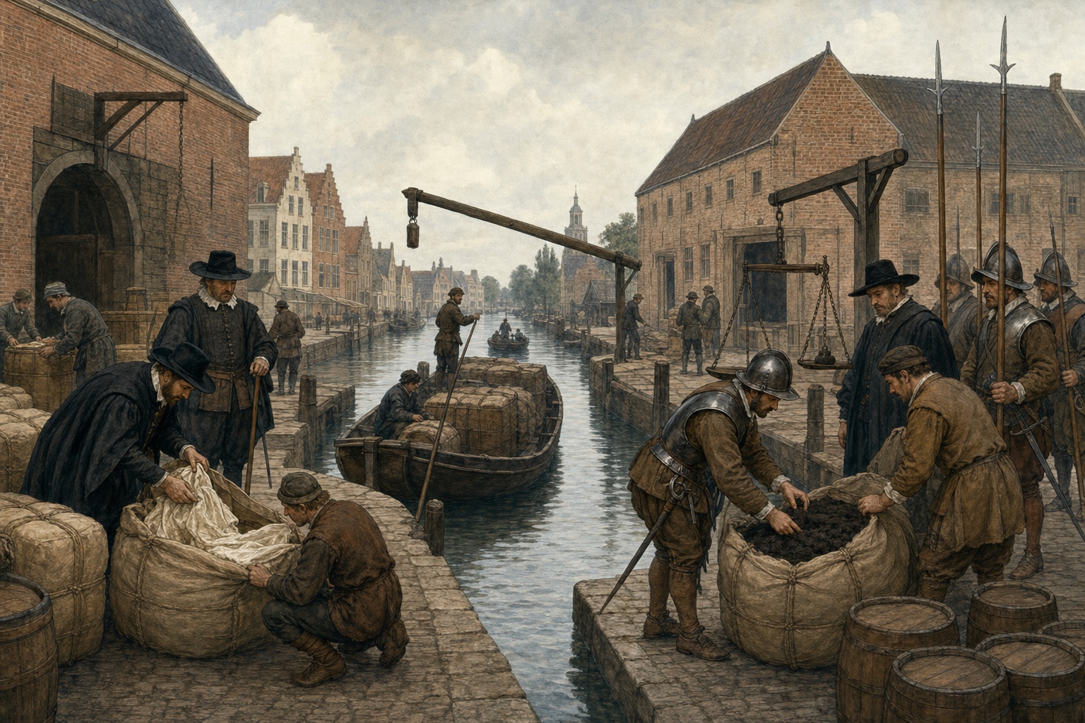 At a postwar Low Countries canal in 1648, customs officers and guards inspect plain bales on opposite quays as a cargo boat passes between scales and lifting cranes