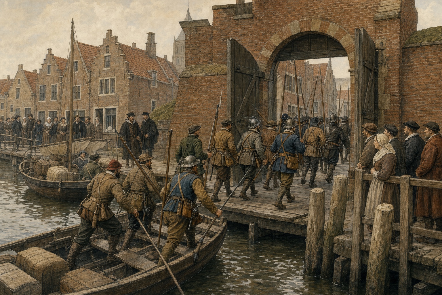 At Brielle in 1572, Sea Beggar soldiers carrying pikes and matchlocks step from shallow boats onto a timber quay and pass through the open waterside gate