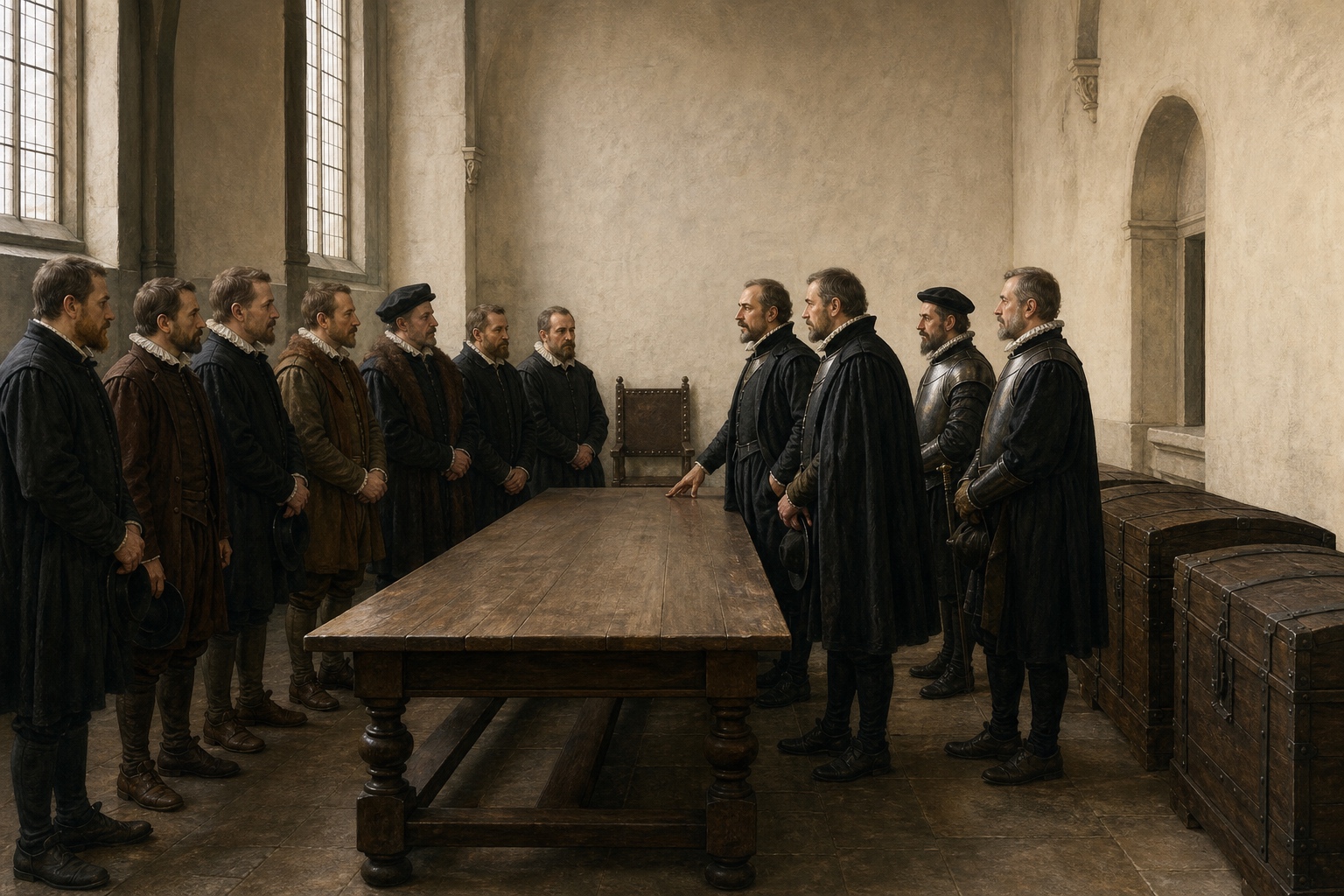 In a Brussels council chamber from 1555 to 1565, provincial representatives face royal officials across a bare long table with closed wooden chests against the wall
