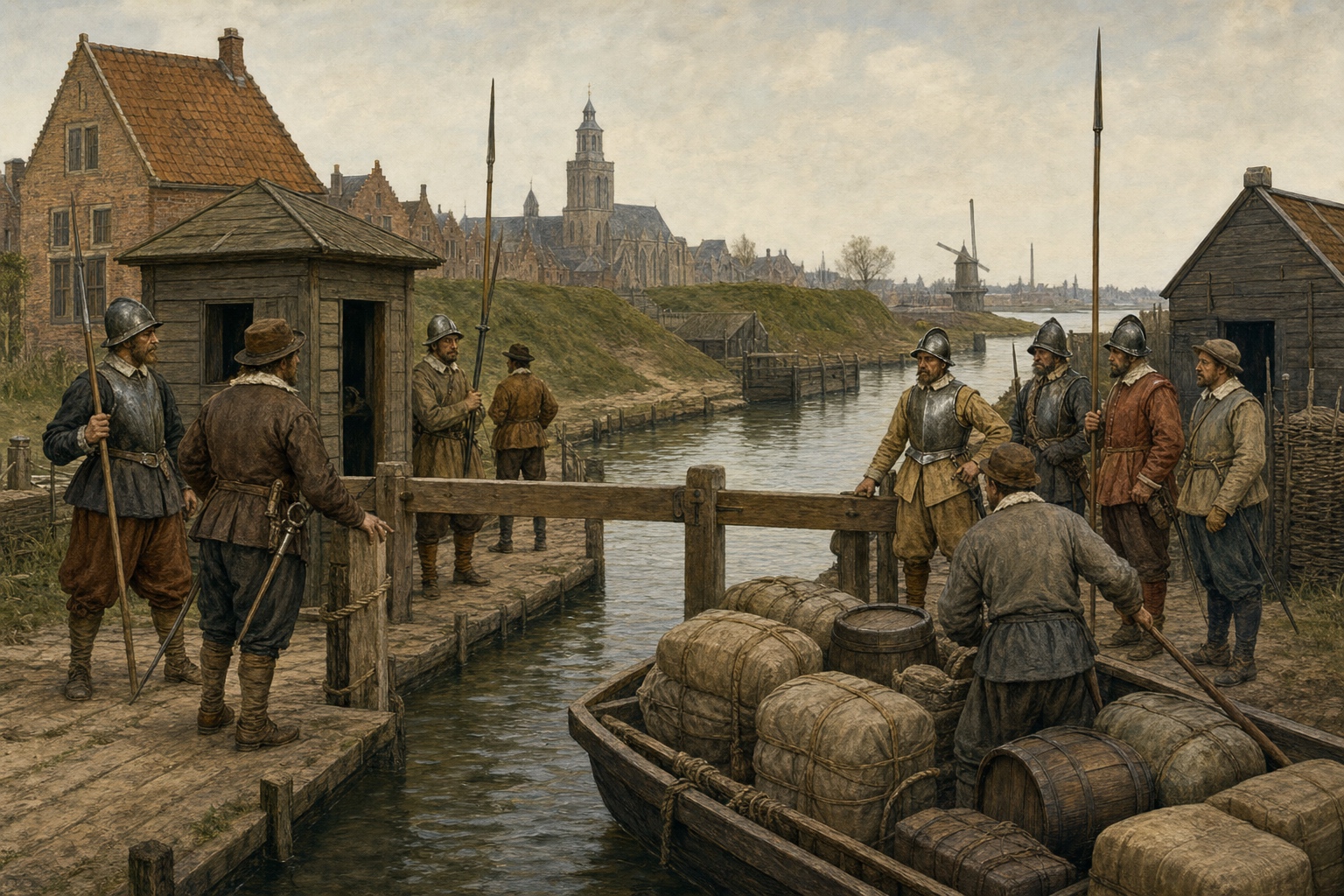 After the 1609 truce, guards on opposite sides face one another across a timber canal barrier as a cargo boat loaded with bales and barrels arrives
