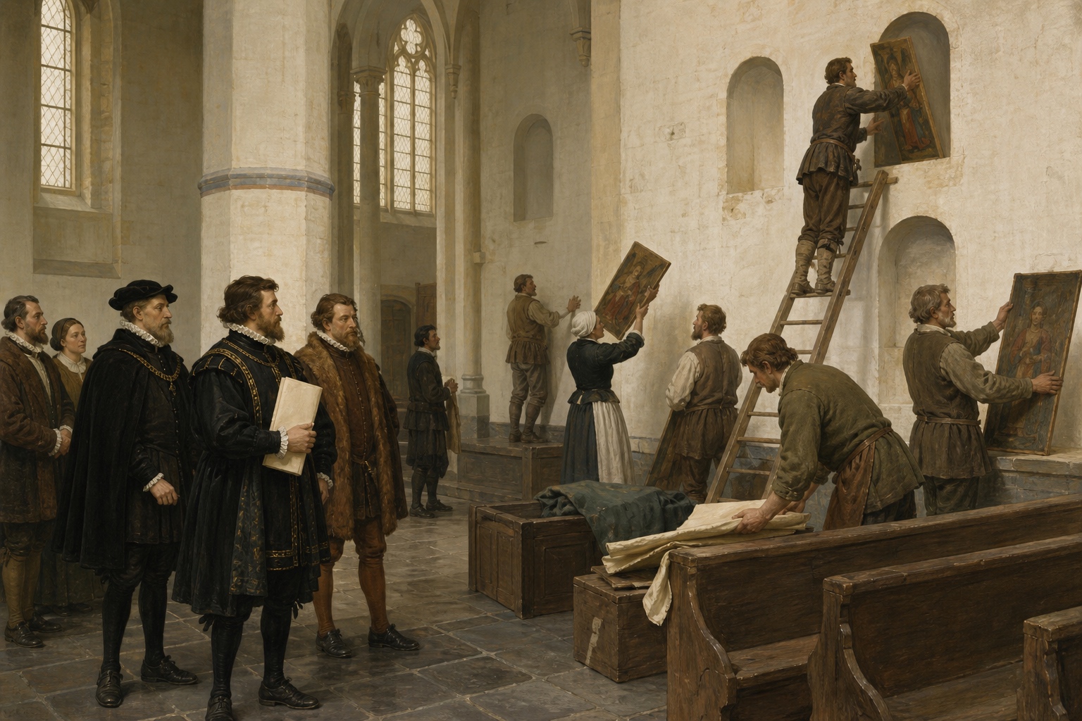 In a Low Countries church in 1565–1566, a noble holds a folded blank petition while townspeople remove devotional panels from wall niches