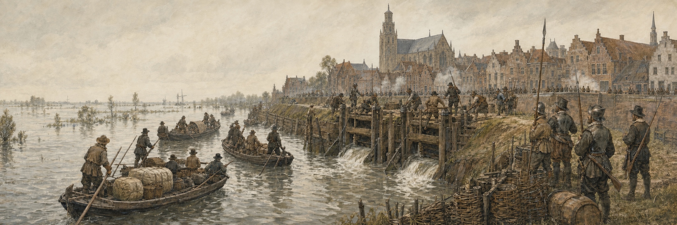 During the relief of Leiden in 1574, defenders open timber sluices as shallow boats carrying townspeople and supplies cross the flooded polder