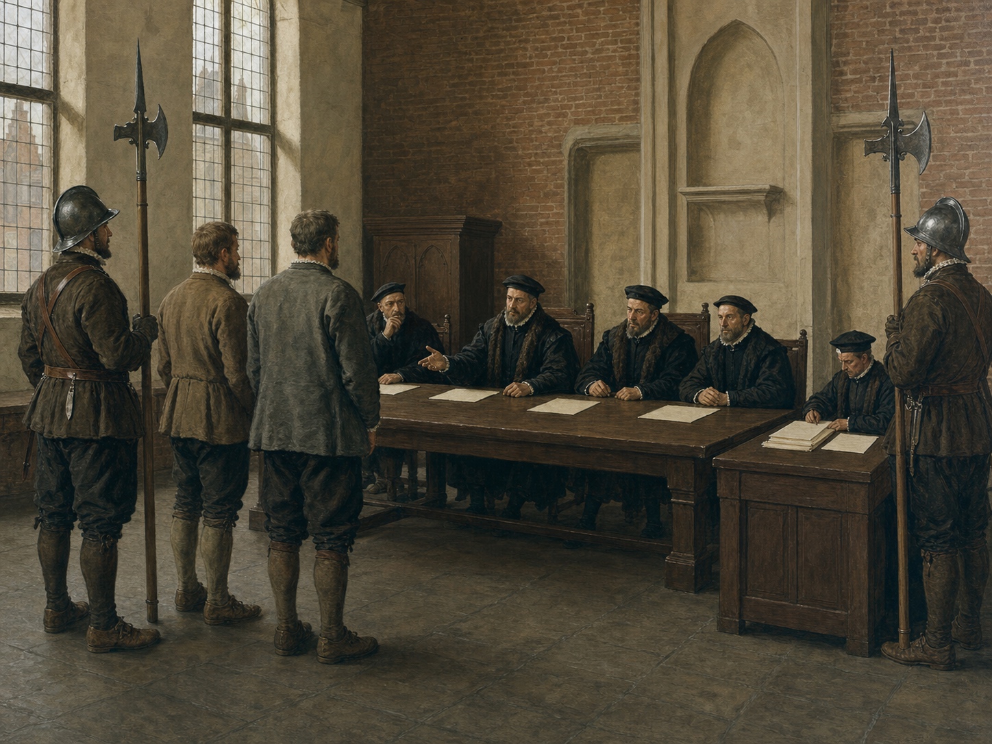 In a Brussels council chamber, two townsmen flanked by guards face officials of the Council of Troubles as blank sheets lie across the table