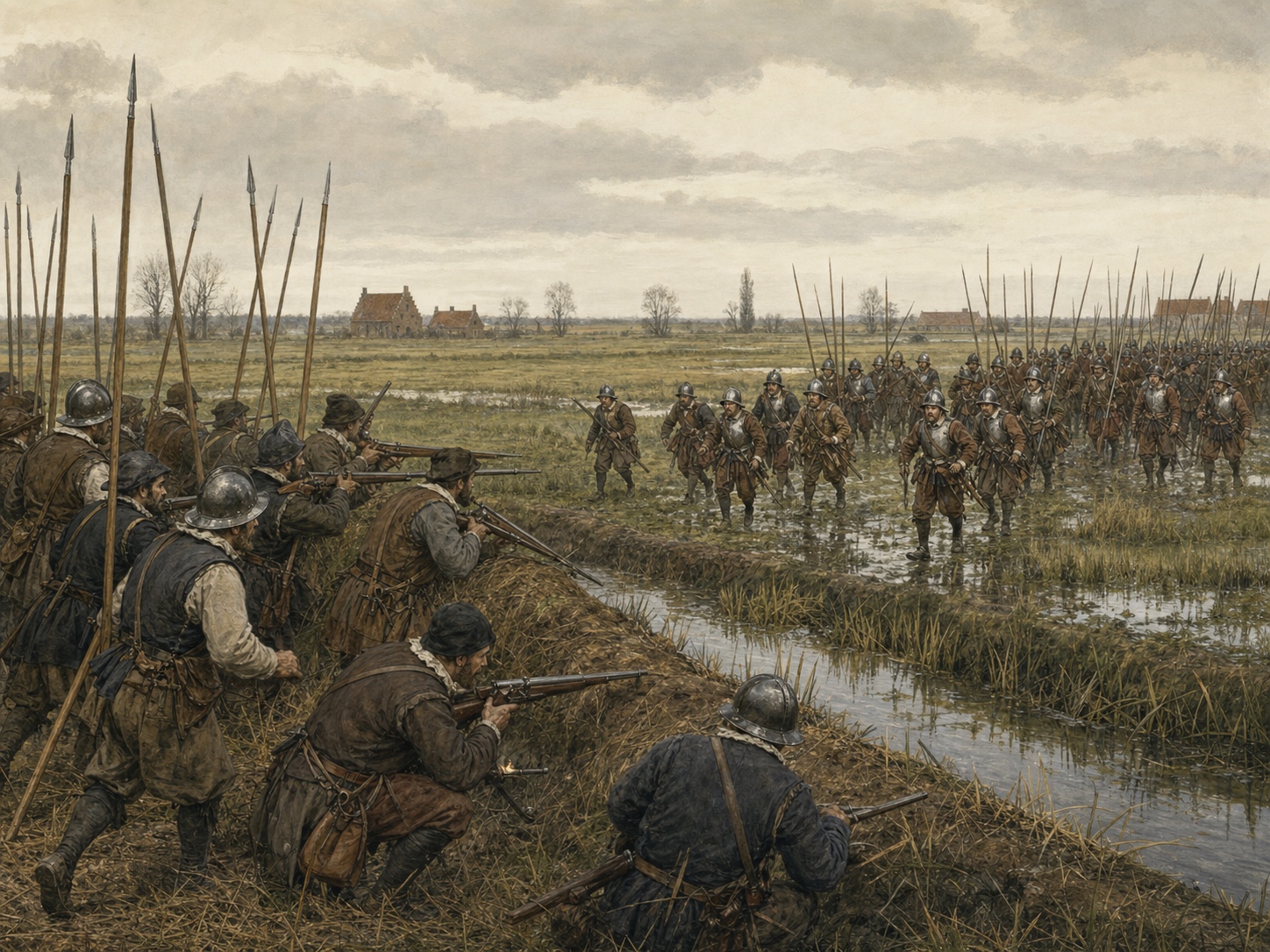 At Heiligerlee in 1568, rebel infantry level matchlocks and pikes from a low bank as Spanish infantry advance across the wet meadow