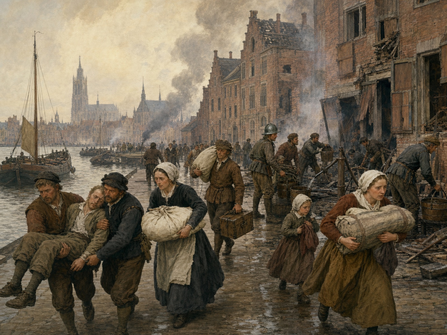 After the Spanish Fury of 1576, Antwerp residents carry an injured neighbor and household goods along the quay as workers tend damaged buildings and lingering fires