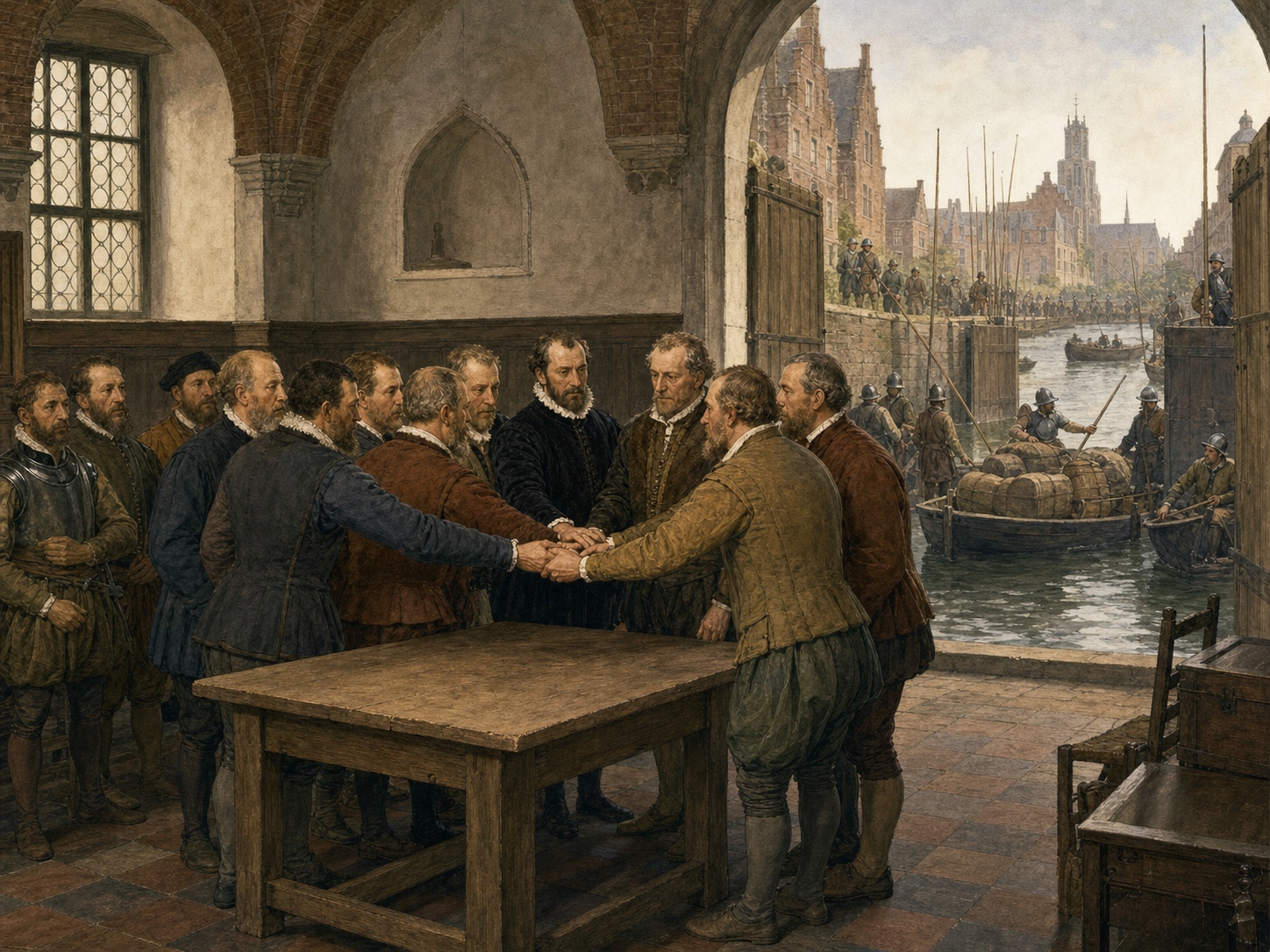 At Utrecht in 1579, delegates from the northern provinces stack their hands around a bare table while militia and cargo boats move beyond the open water gate