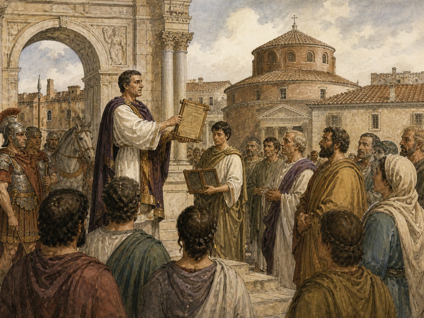 Historical reconstruction of Edict of Milan's central action: Constantine I and Licinius established an imperial policy of religious toleration and ordered the return of confiscated Christian property.
