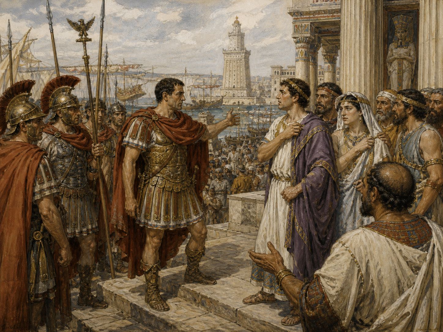 Historical reconstruction of Roman Annexation of Ptolemaic Egypt's central action: Octavian’s forces entered Alexandria and took control of the dynastic court and the grain-producing center.