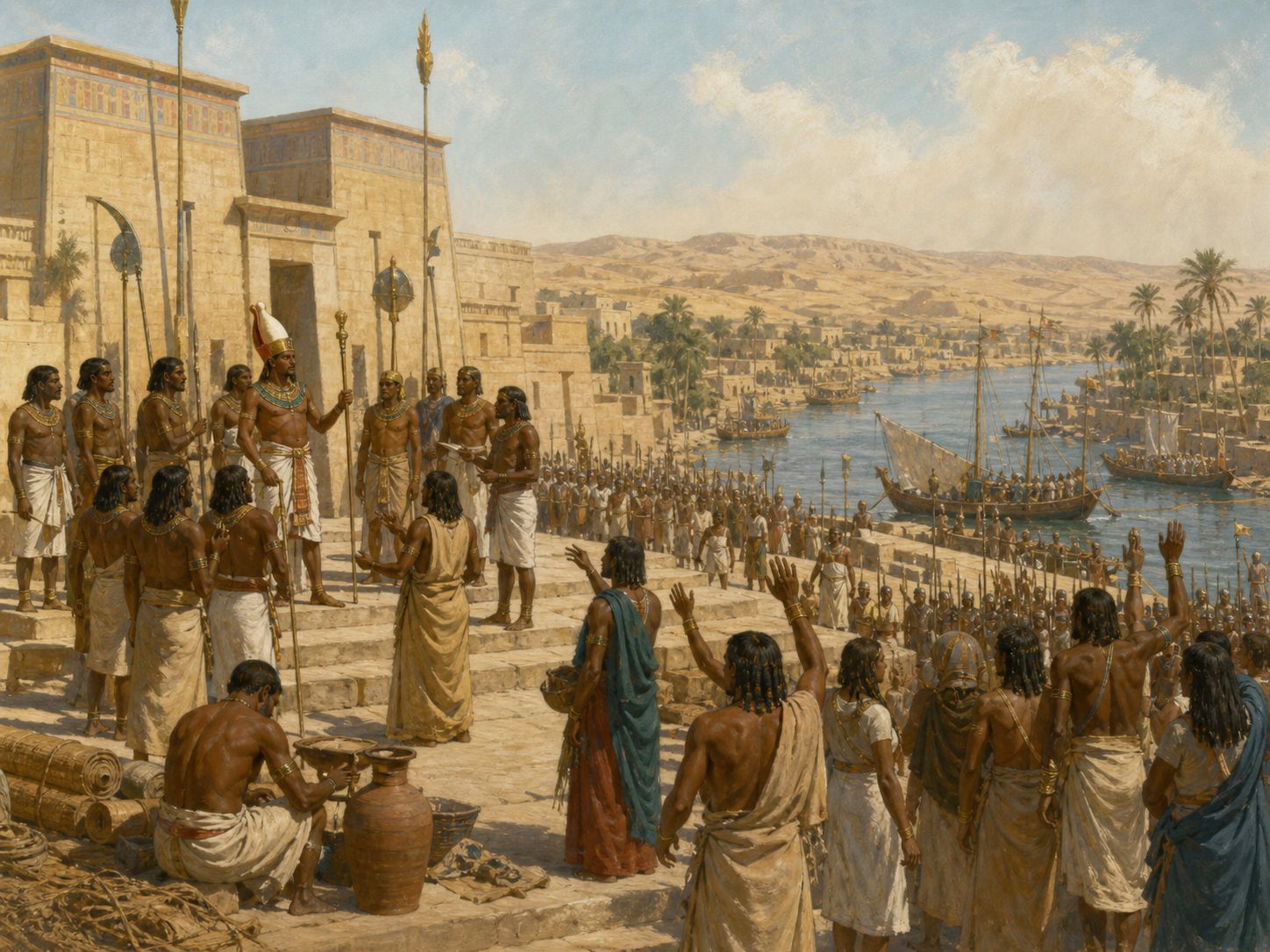 Historical reconstruction of Unification of Ancient Egypt's immediate aftermath: The unified monarchy organized taxation, cult, and labor through palaces and provincial centers, creating foundations for the First Dynasty and later state institutions.