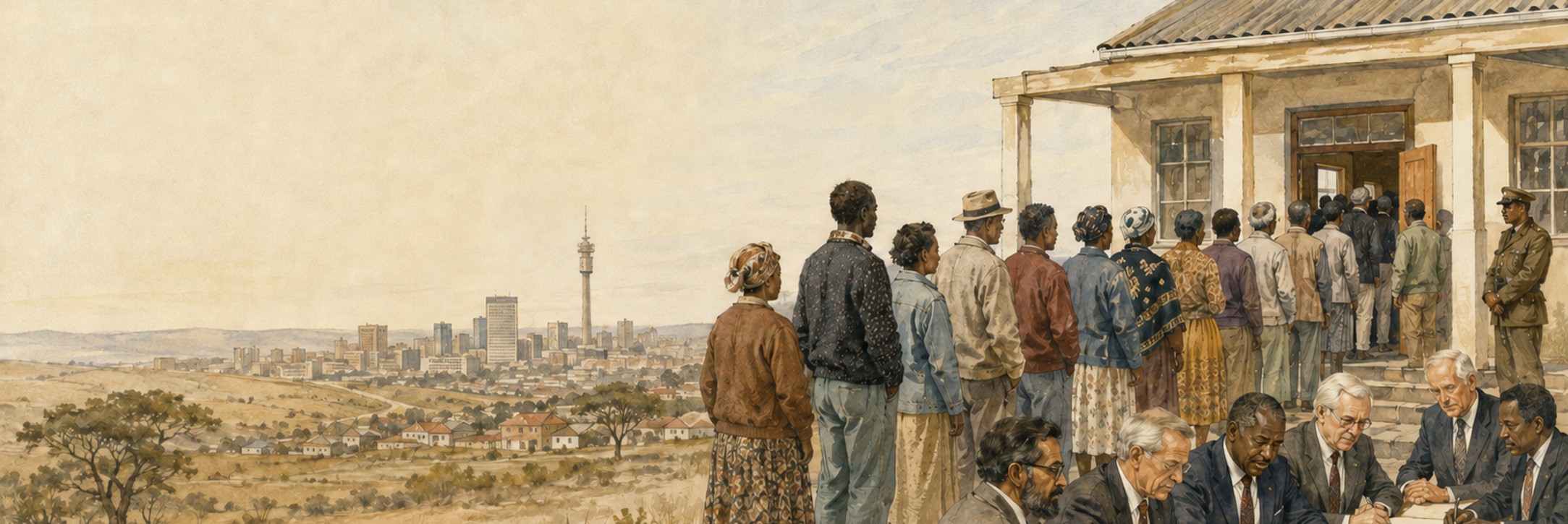 Reconstruction of citizens heading to a new polling station and negotiators in South Africa in 1994