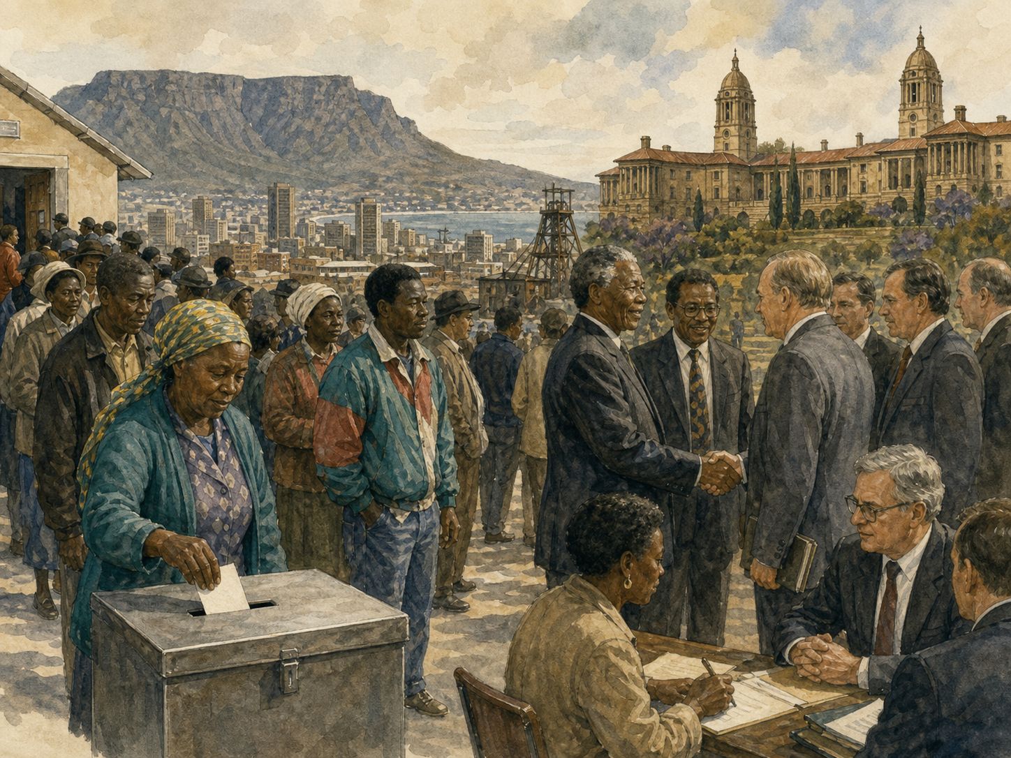 Historical reconstruction of End of Apartheid's central action: Nelson Mandela was released in 1990 and the ANC and other movements were legalized.