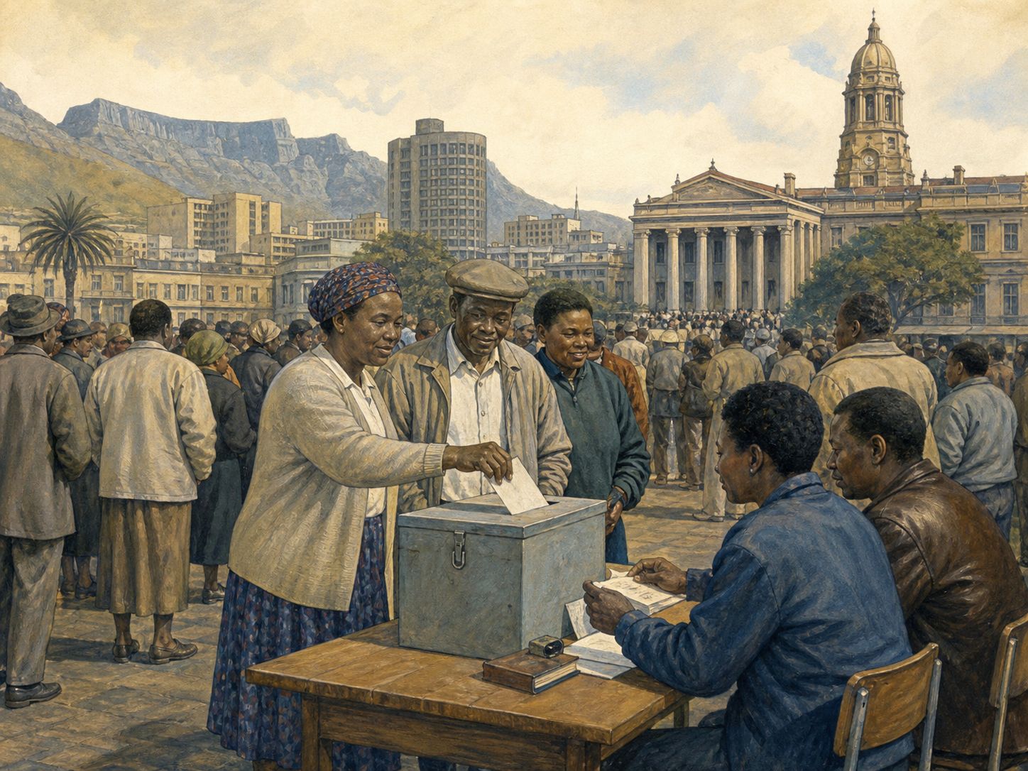 Historical reconstruction of End of Apartheid's immediate aftermath: The April 1994 election with universal participation brought the ANC to power and made Mandela president.