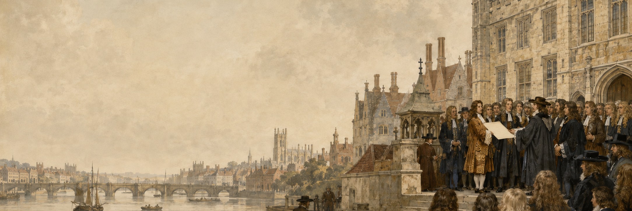 A historical reconstruction of parliamentarians shaping parliamentary government at Westminster at Westminster, showing the setting of English Bill of Rights