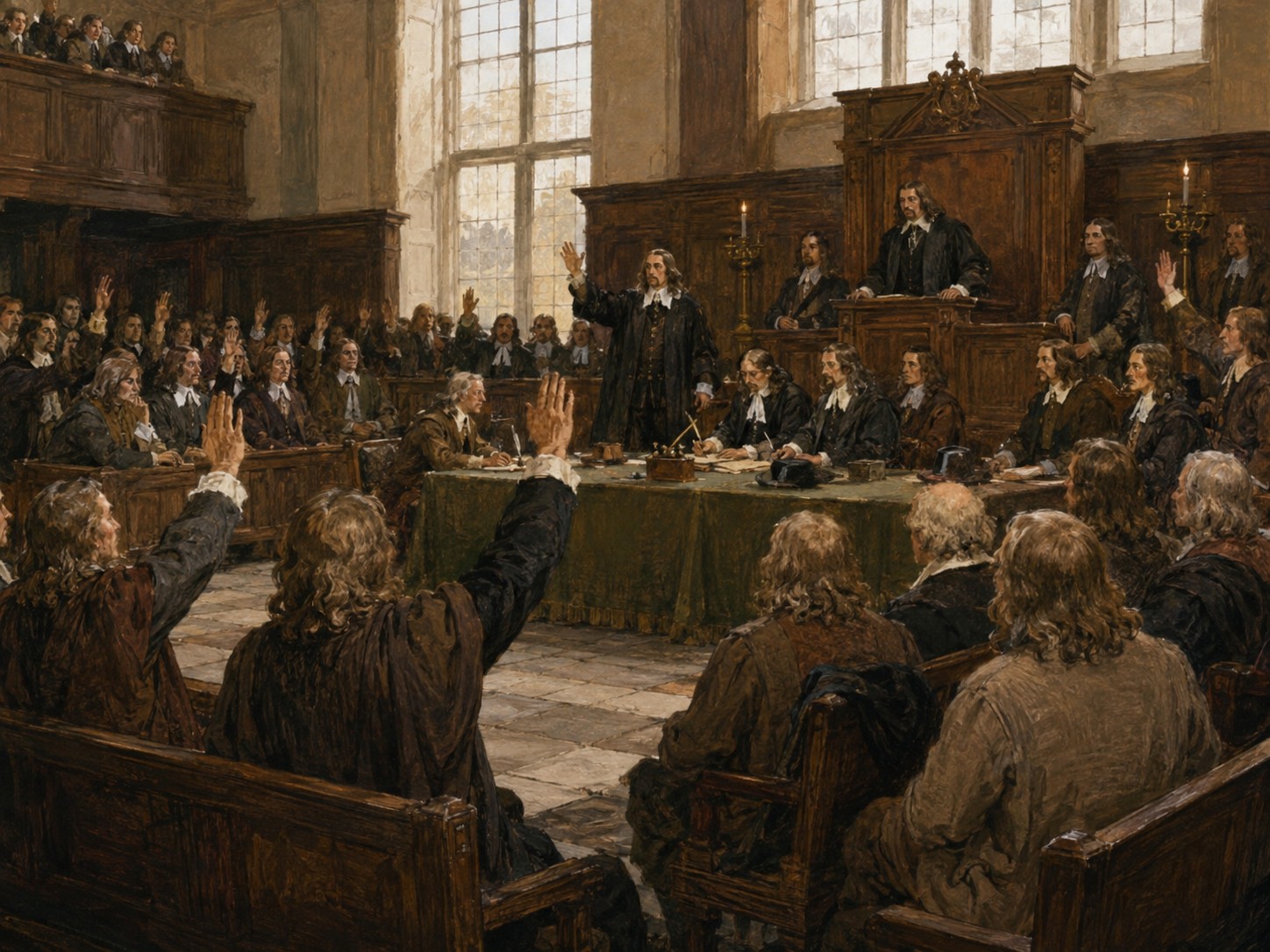 Historical reconstruction of English Bill of Rights's central action: Parliament adopted a declaration affirming limits on royal power, parliamentary liberties, and the right to petition.