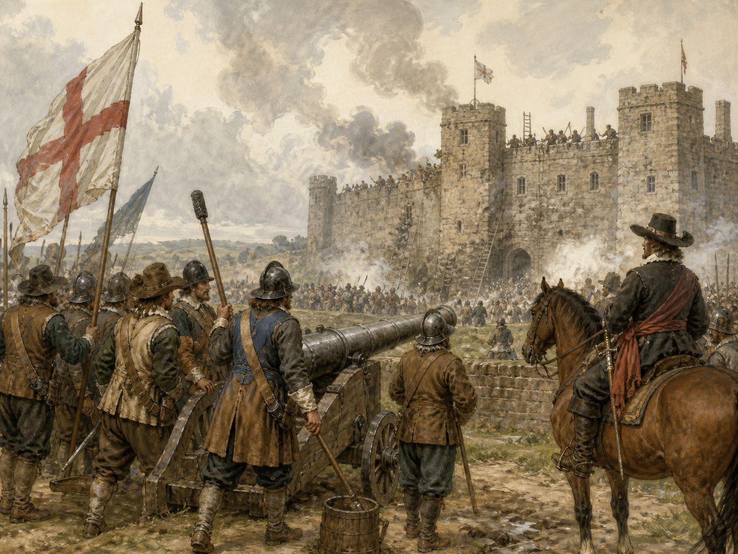Historical reconstruction of English Civil War's central action: Royalists and Parliamentarians fought, while Parliament’s New Model Army gained military superiority through reorganization.