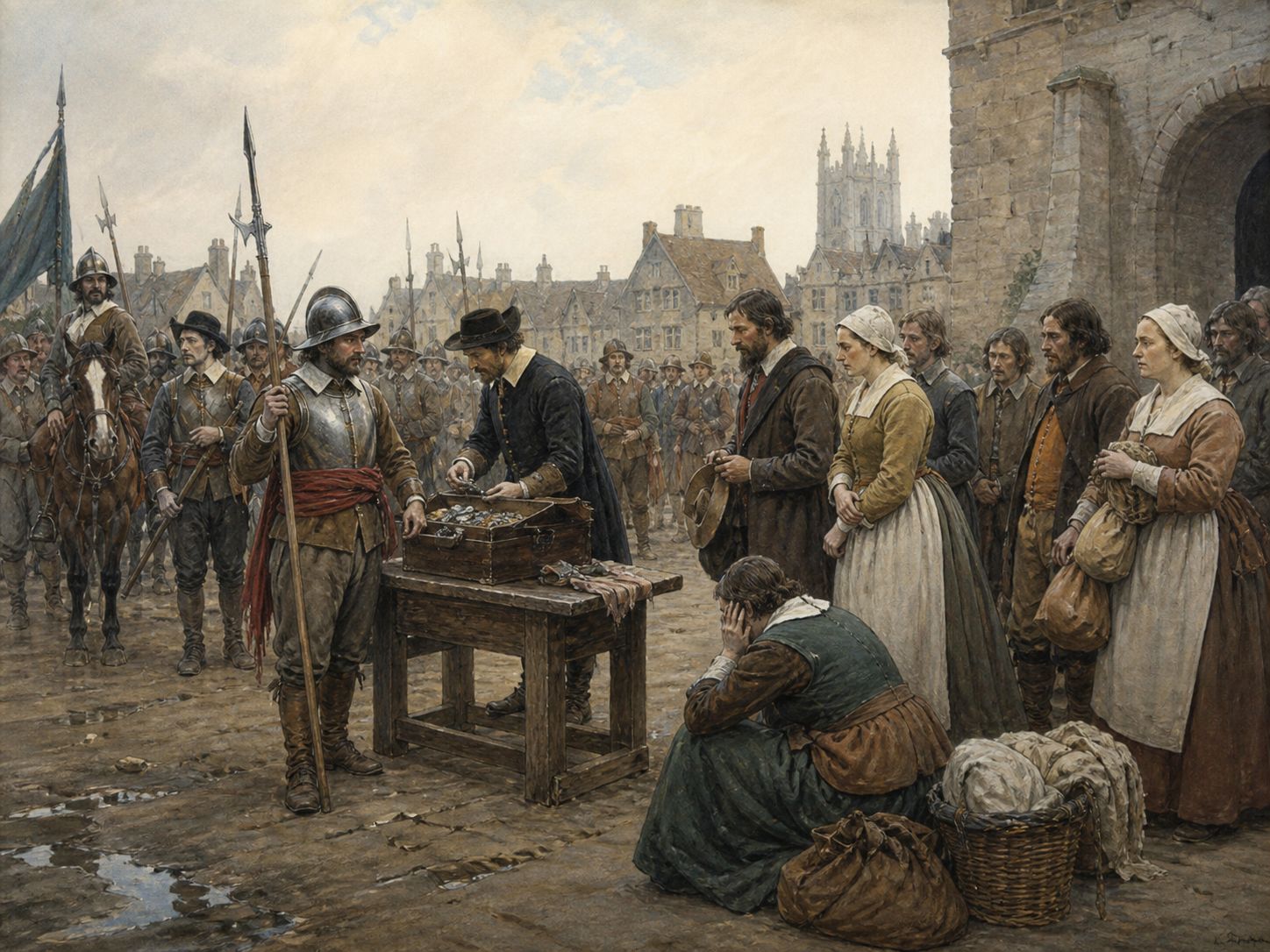 Historical reconstruction of English Civil War's immediate aftermath: Charles I was executed in 1649, followed by a republic and Protectorate before the Restoration.
