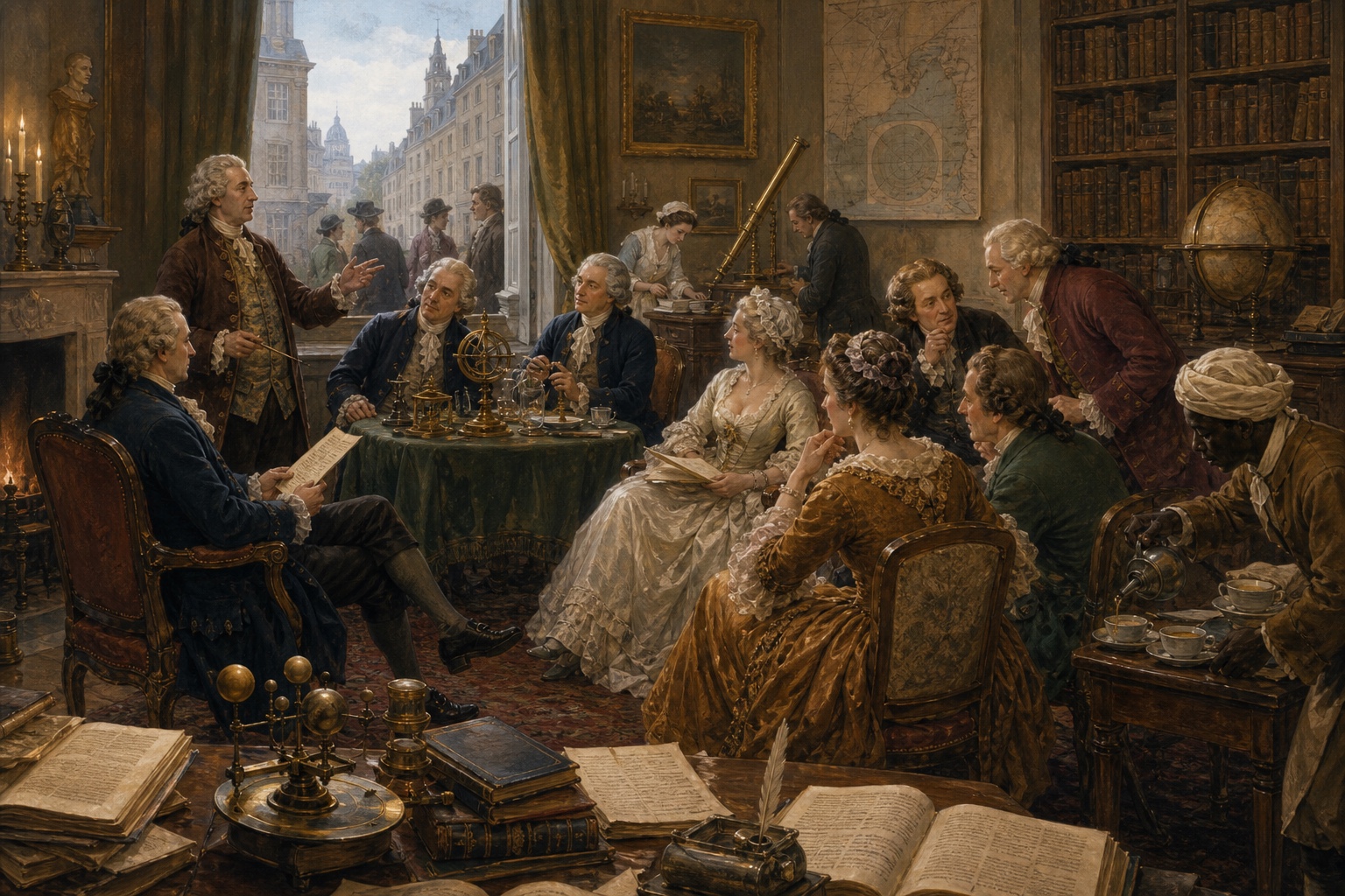 Illustrated reconstruction of women and men discussing experiments in an eighteenth-century salon