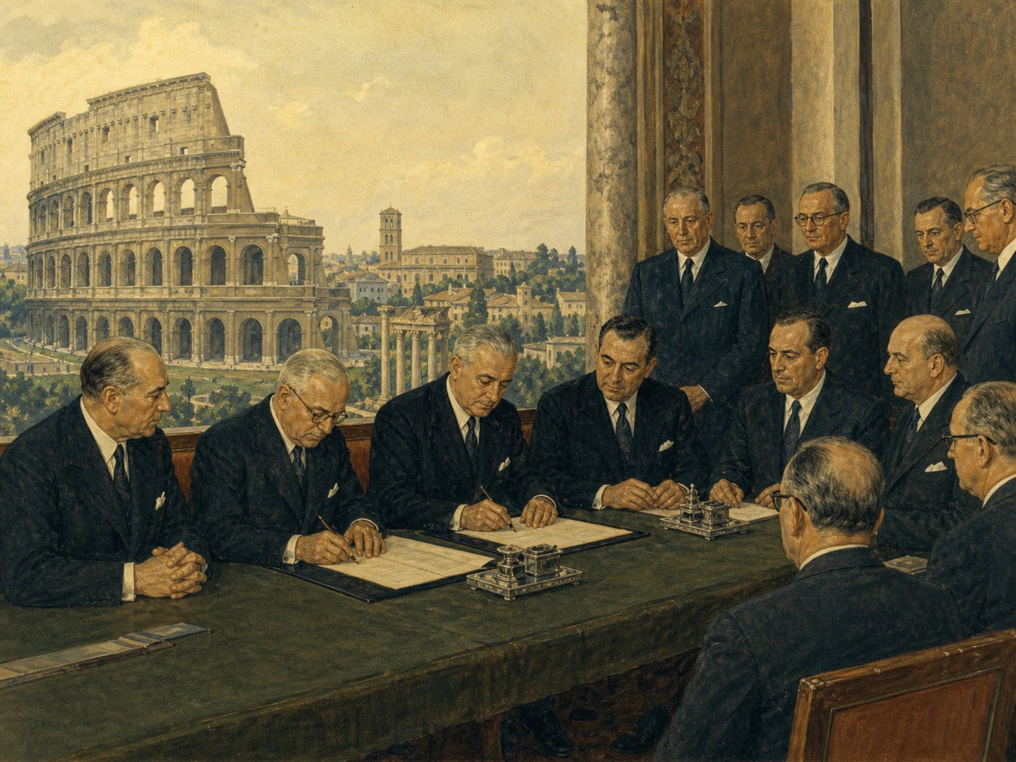 Historical reconstruction of Founding of the European Economic Community's central action: Six states negotiated a common market, customs union, and shared institutions before signing the treaty in Rome.