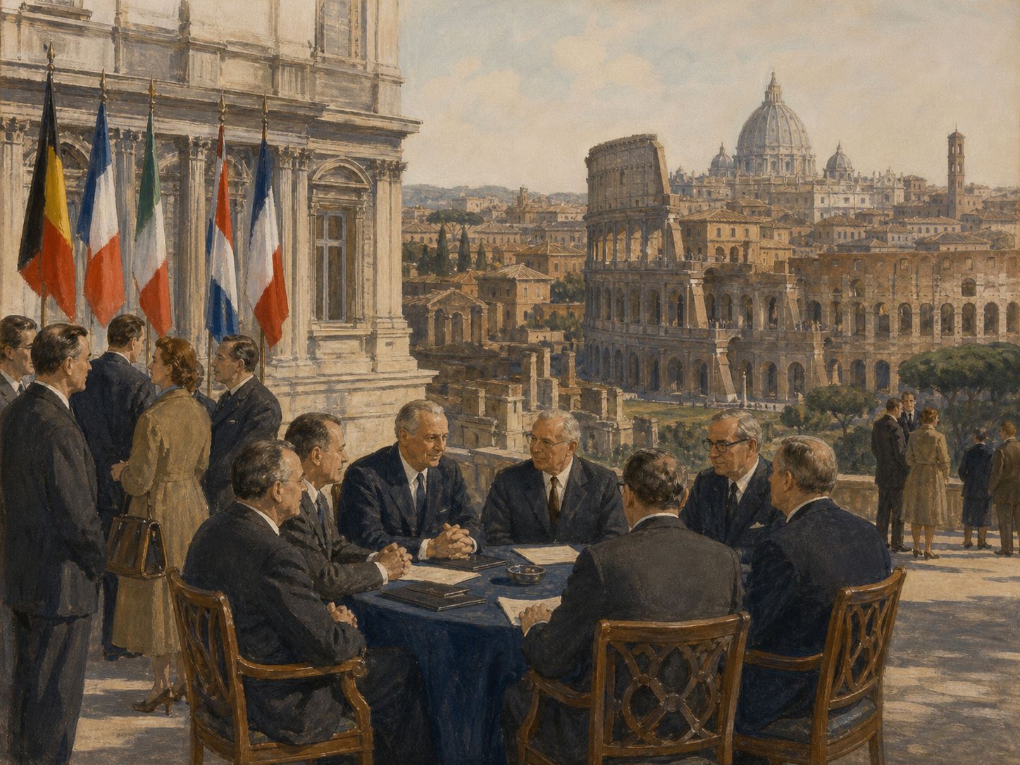 Historical reconstruction of Founding of the European Economic Community's long-term consequences: Integration supported peace and prosperity while inheriting debates over democratic legitimacy, borders, migration, and economic inequality.