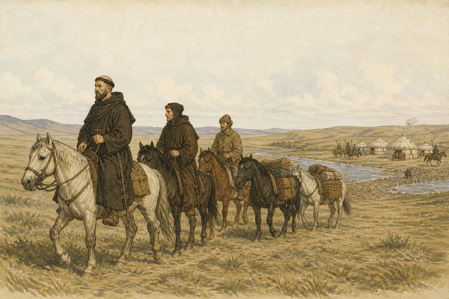 An embassy crosses open grassland toward distant tents and a royal court