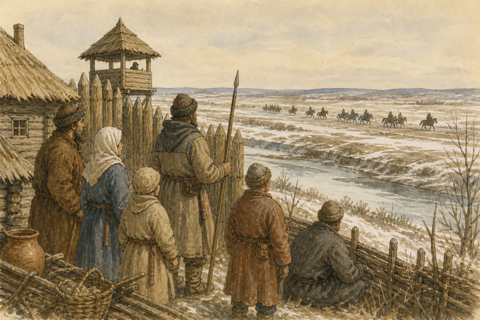 European knights and scribes receive news of a distant campaign from a traveling messenger