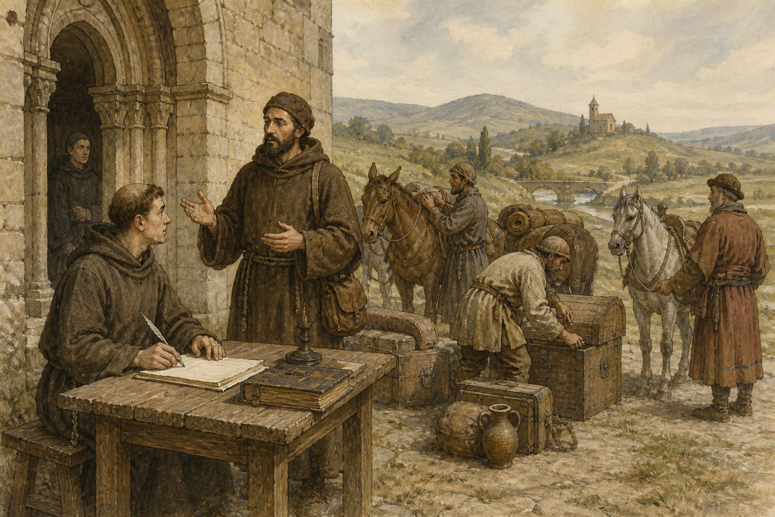 Scribes copy an envoy’s report onto maps and bound travel accounts