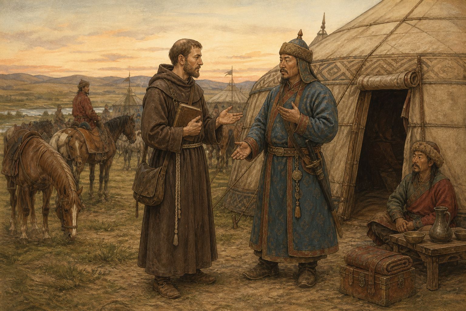 A friar speaks with people of different faiths at the court of Karakorum