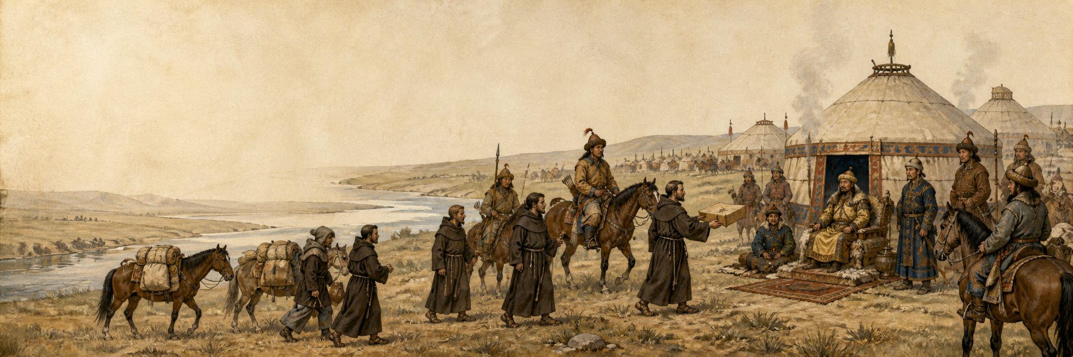 European envoys and Mongol officials discuss a map at a steppe court