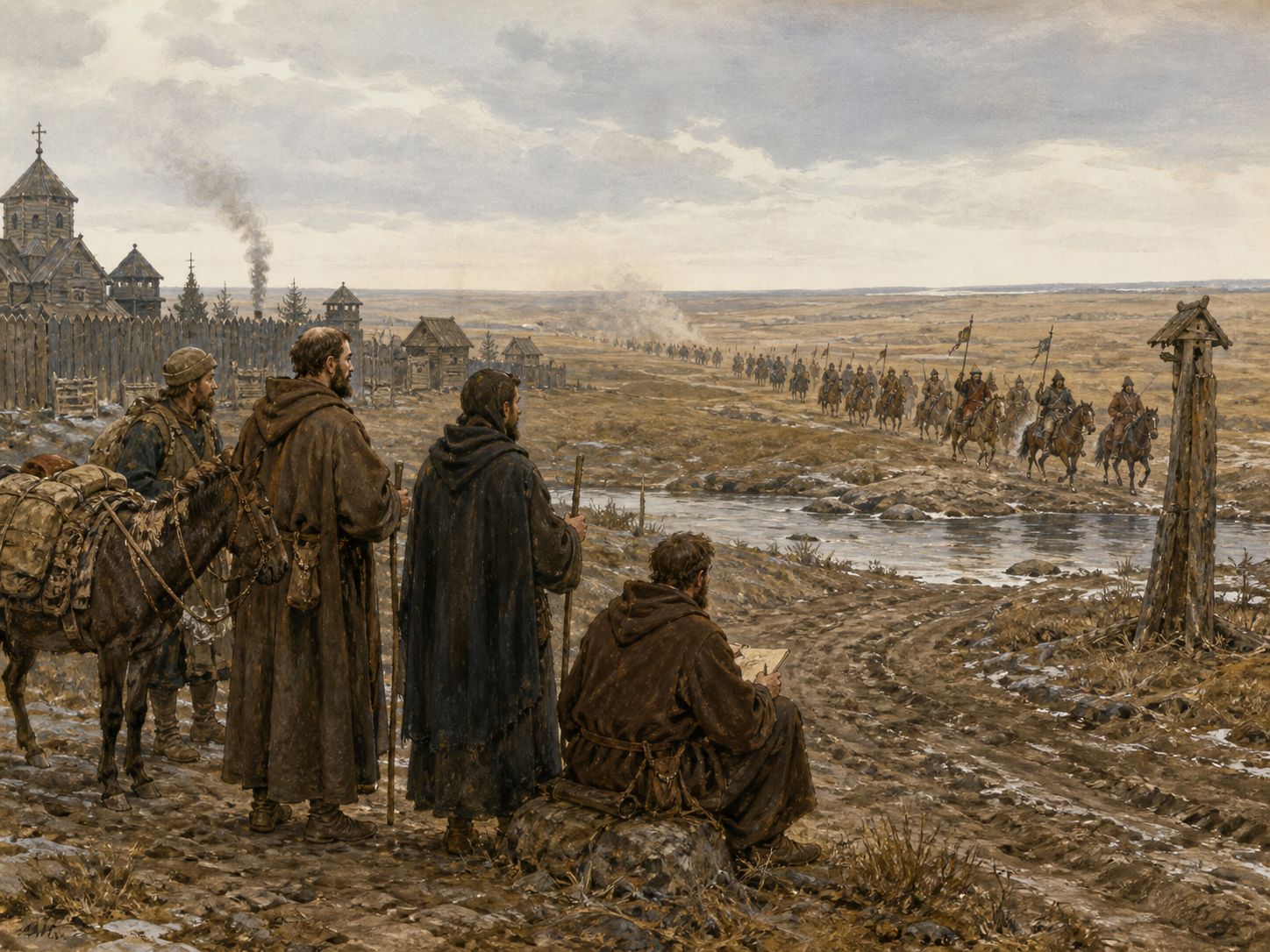 European friars consult maps and letters before an eastward journey