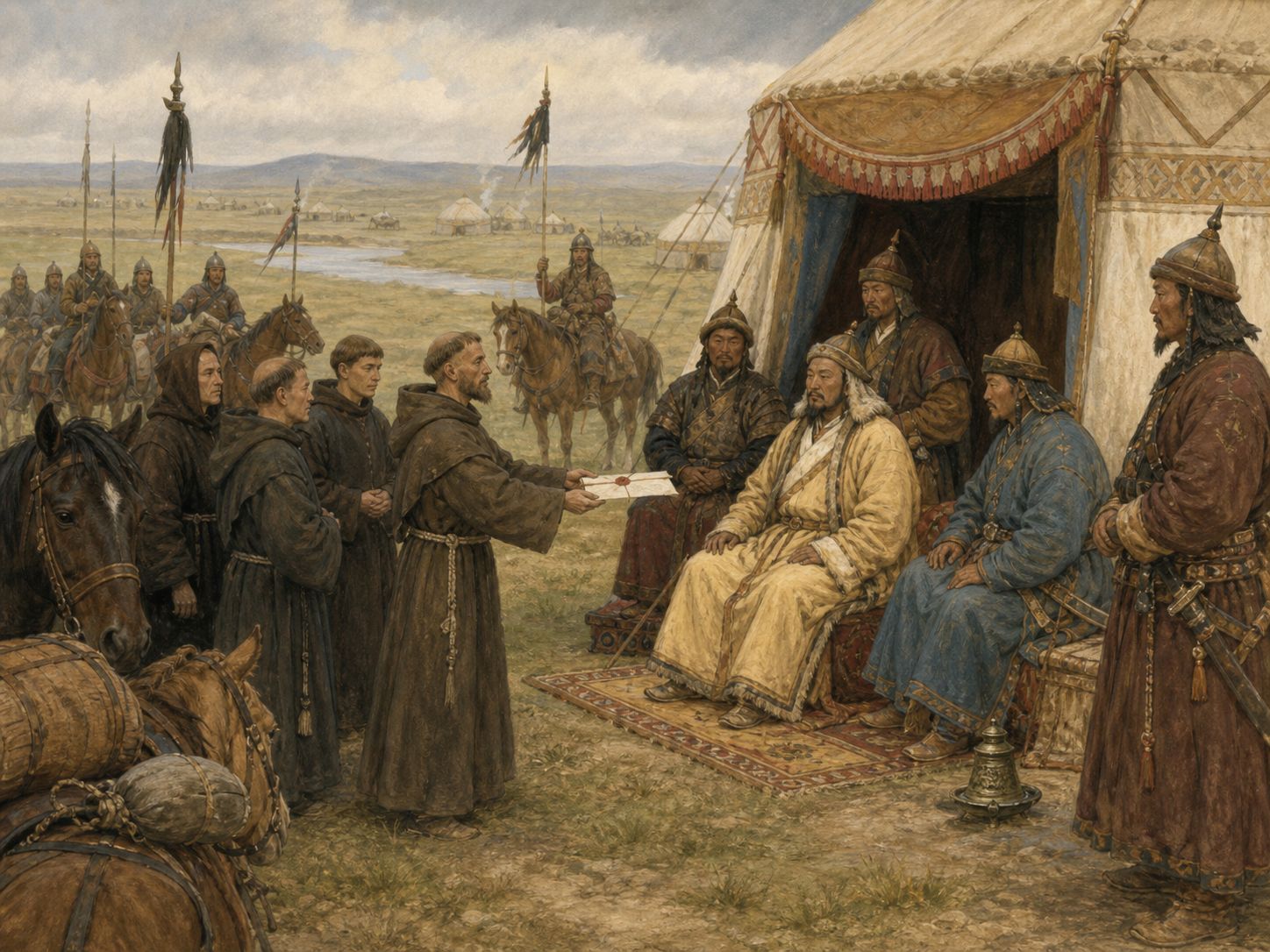 An embassy crosses the steppe with wagons and horses beneath distant camps