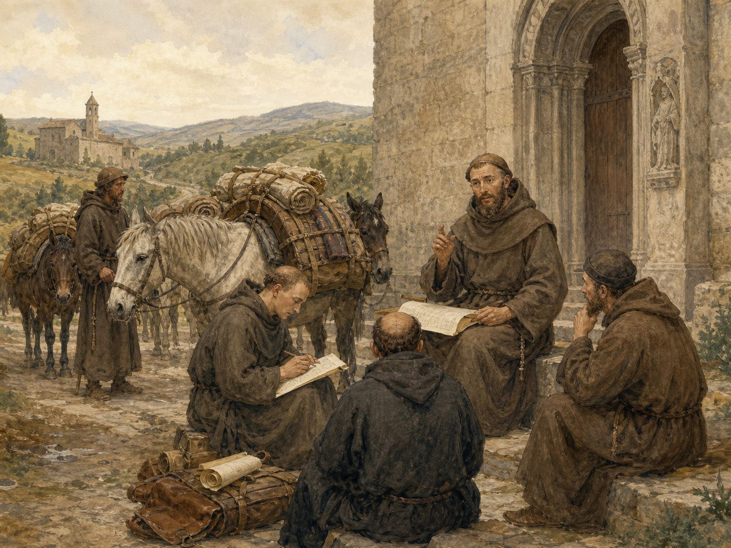 A returning friar dictates his observations to a scribe