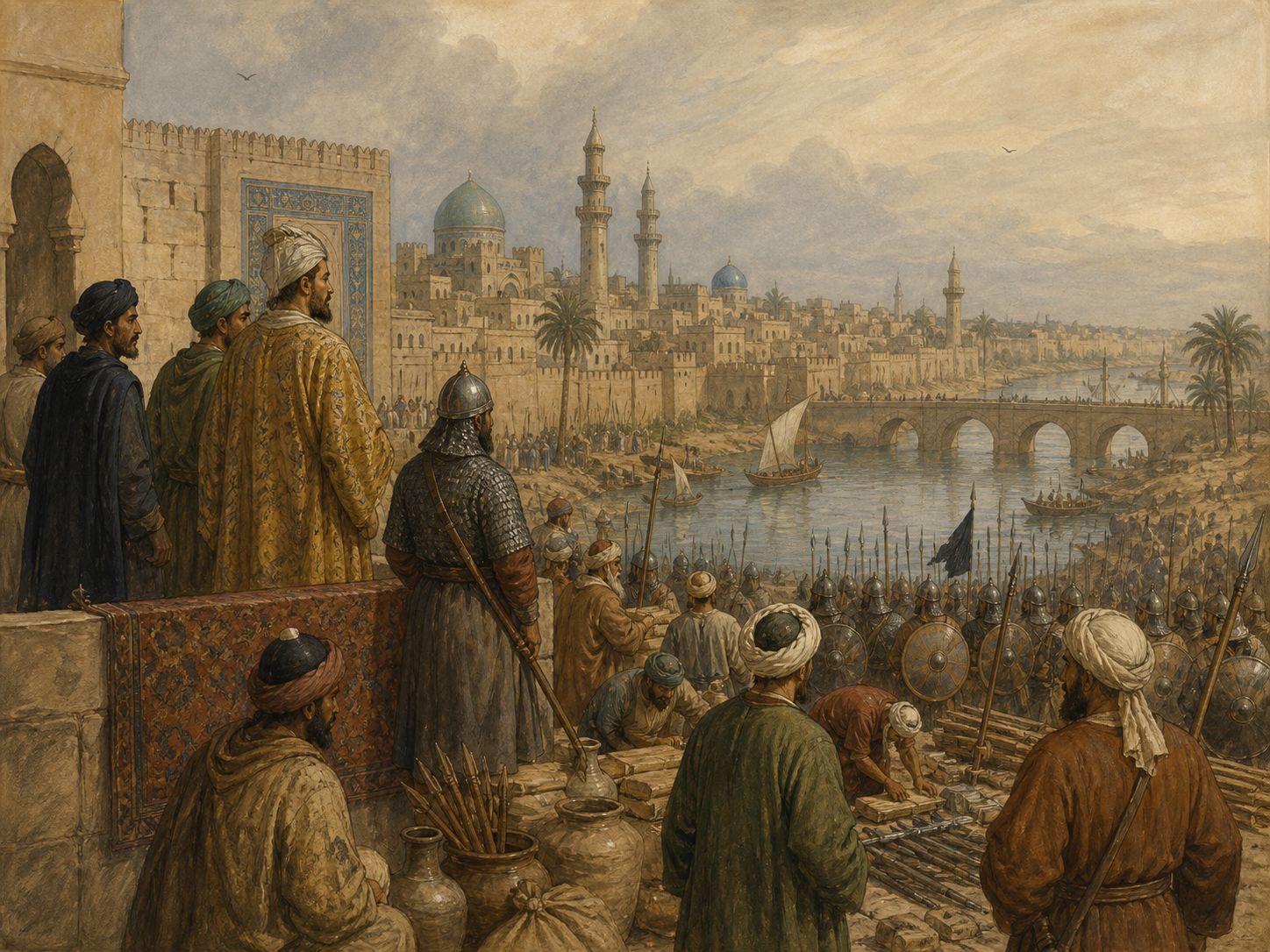 Historical reconstruction of Fall of the Abbasid Caliphate's background: The Abbasids faced autonomous regional powers and military pressure while the Mongol Empire advanced through Iran and Iraq.