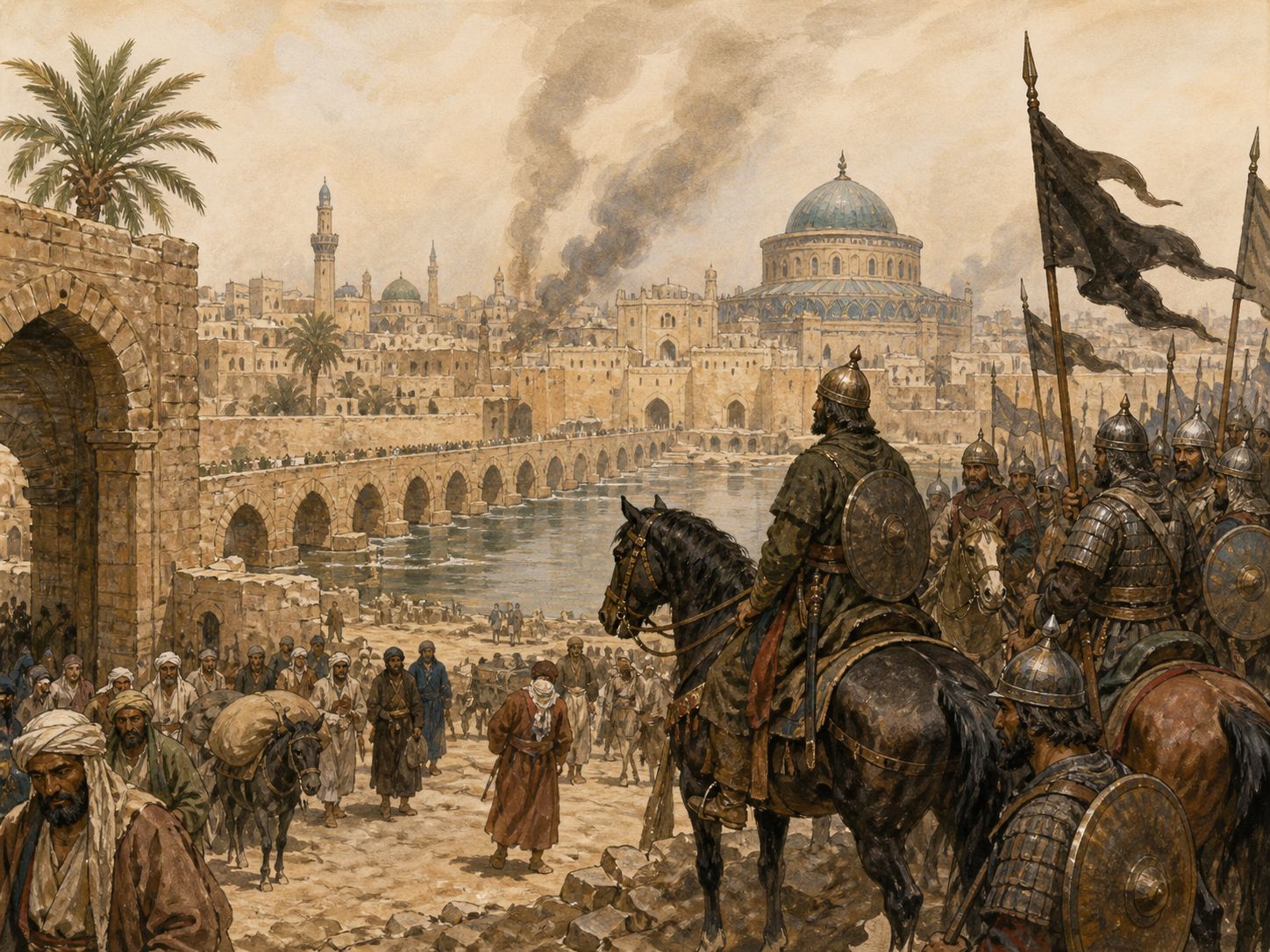 Historical reconstruction of Fall of the Abbasid Caliphate's central action: After siege and negotiations, Hulagu’s army entered the city and took control of the caliph’s court and a major center of learning and commerce.