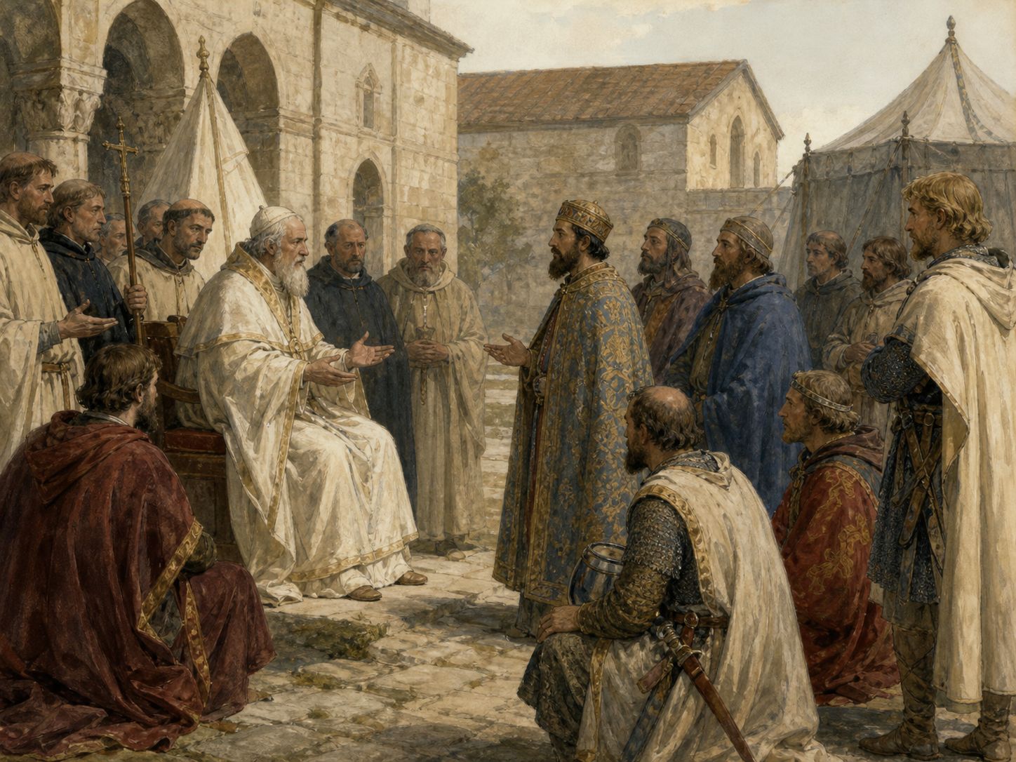 Historical reconstruction of First Crusade's background: The Byzantine Empire sought help against expanding Seljuq power, while religious devotion, pilgrimage, lordship, and hopes for territory and reward converged in western Europe.