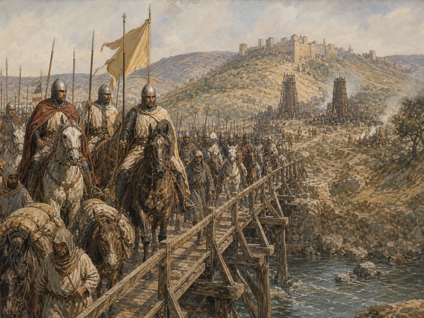 Historical reconstruction of First Crusade's central action: After the sermon at Clermont, armies and pilgrims crossed to Constantinople, captured Nicaea and Antioch, and reached Jerusalem in 1099.