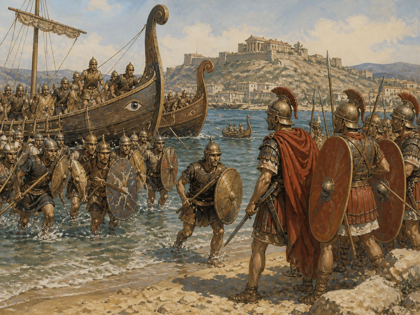 Historical reconstruction of First Punic War's central action: Rome developed a fleet and adapted to naval warfare while both sides endured long sieges and contests over sea supply.
