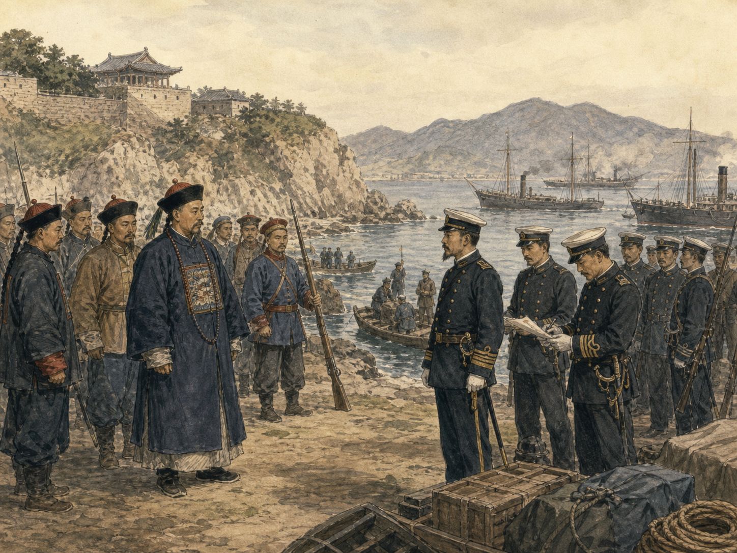 Historical reconstruction of First Sino-Japanese War's central action: Qing and Japanese troops entered Korea during the Donghak uprising.