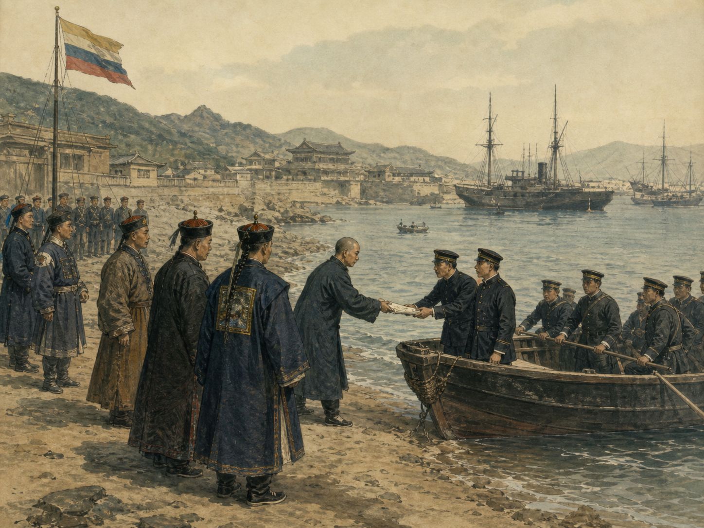 Historical reconstruction of First Sino-Japanese War's immediate aftermath: The 1895 Treaty of Shimonoseki recognized Korean independence and ceded Taiwan and the Pescadores to Japan.