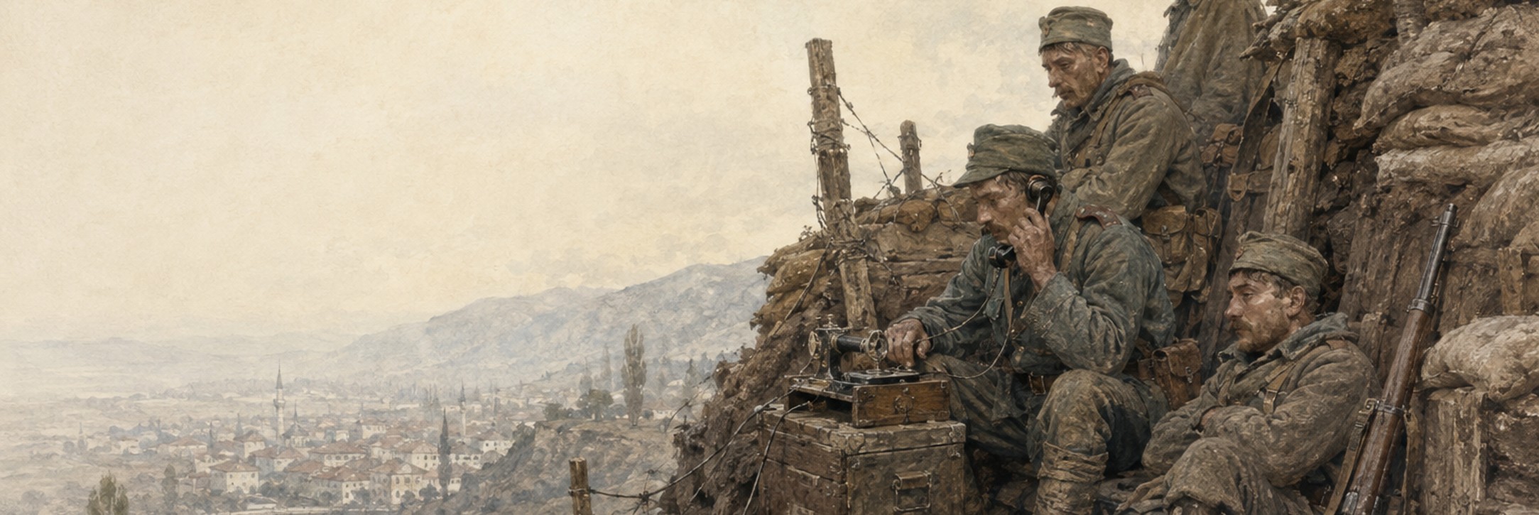Illustrated reconstruction of exhausted soldiers waiting beside a field telephone in a muddy trench