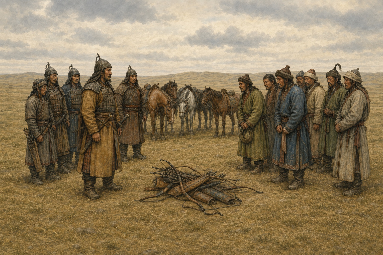 An armored group and a robed group face one another on the steppe across a pile of composite bows and quivers, with riderless horses behind them