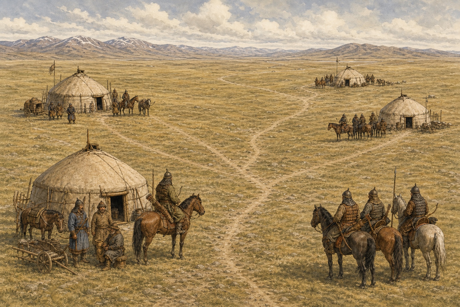 Four separated felt-tent camps occupy a broad mountain-lined steppe as mounted groups and carts gather at different camps and several roads cross in the center