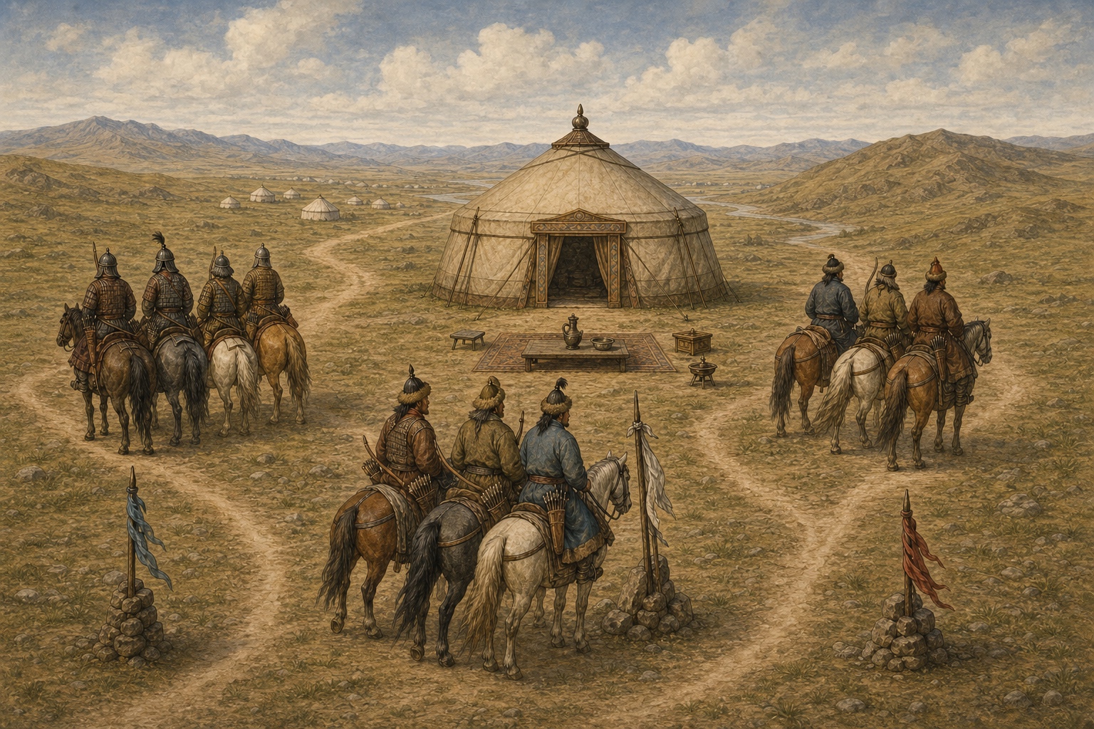 On a mountain-lined steppe, three mounted groups surround a large felt tent and its empty council table from separate roads, with cloth-tied posts marking the forks