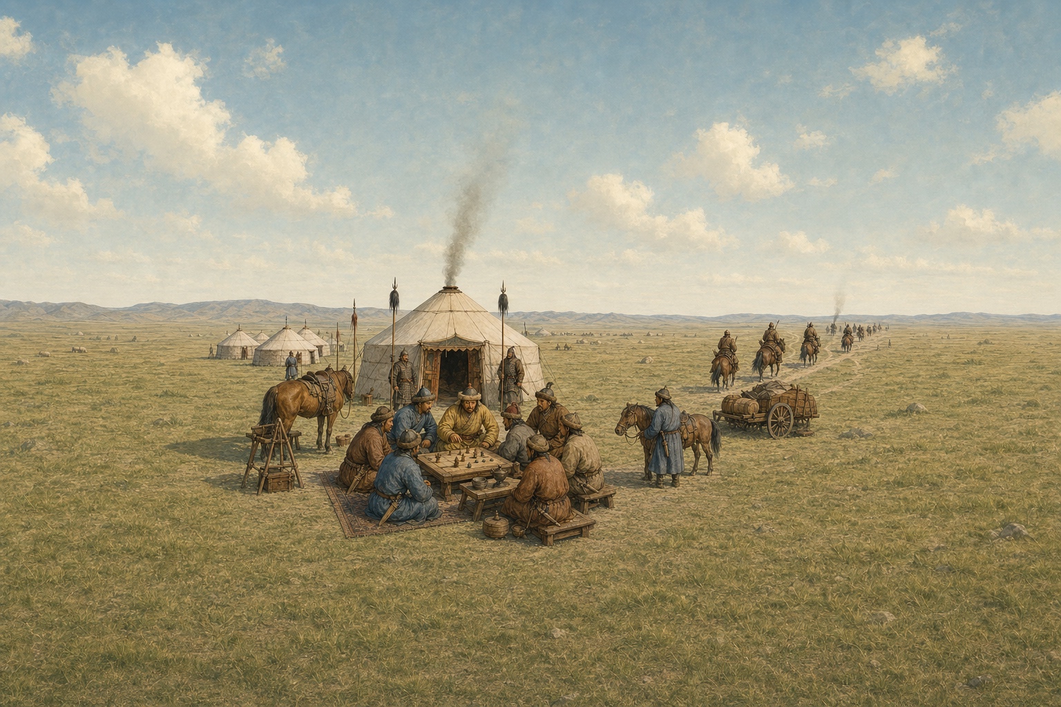 A council gathers around a low table before a large steppe tent as horses and a supply cart wait nearby and several mounted riders depart along a distant road