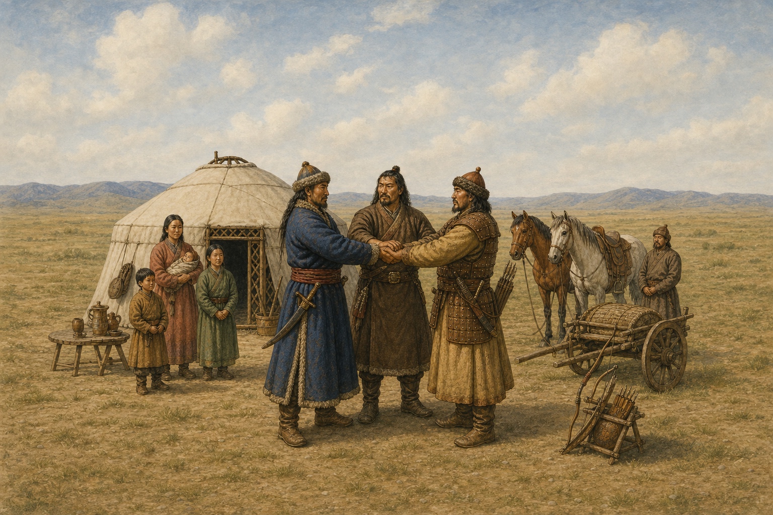 Three men join hands before a felt tent on the steppe while family members, an attendant, two horses, and a loaded cart stand around them
