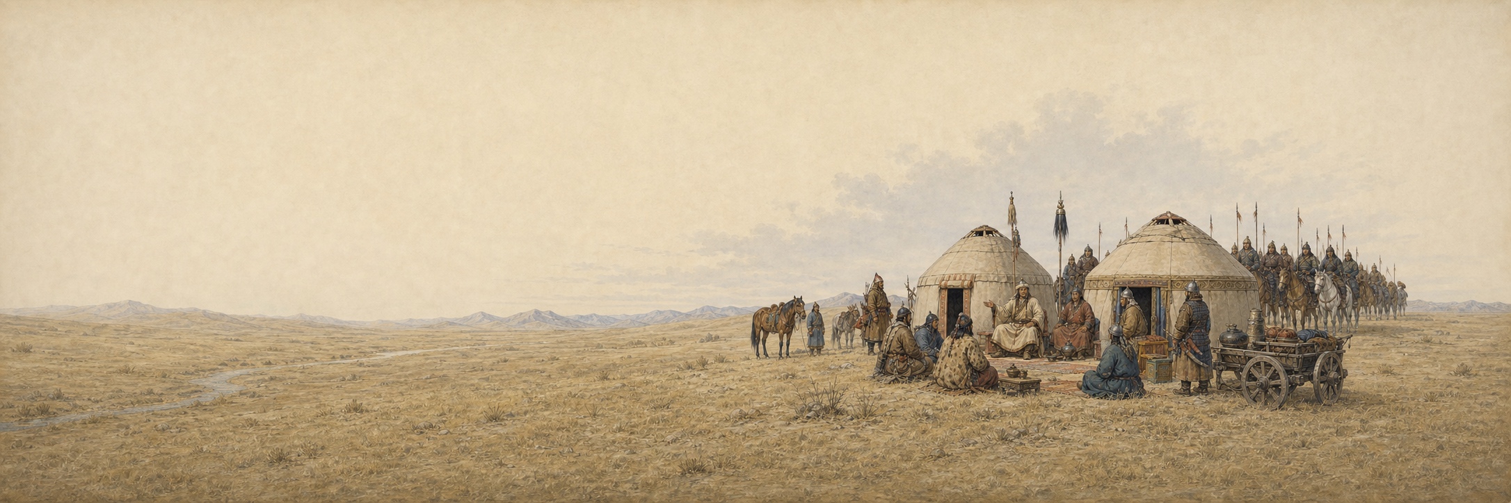 Leaders and attendants gather before two felt tents on the right of a broad mountain-lined steppe, with mounted troops arrayed behind them