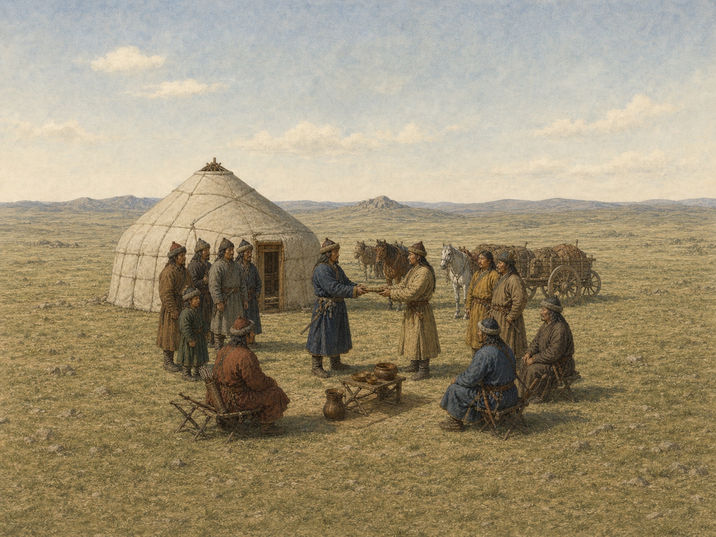 Two men pass a wooden vessel before a felt tent as people sit around a low table and horses and a cart wait behind them