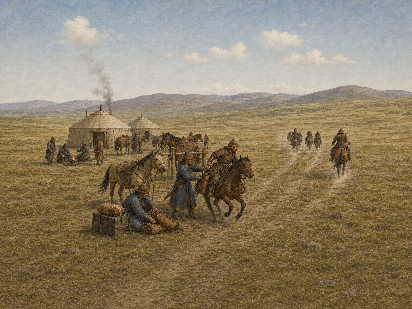 Beside steppe tents and horses, a standing attendant steadies a mounted rider at the quiver and arrow bundle while another worker handles rolled supplies on the ground and mounted riders travel away